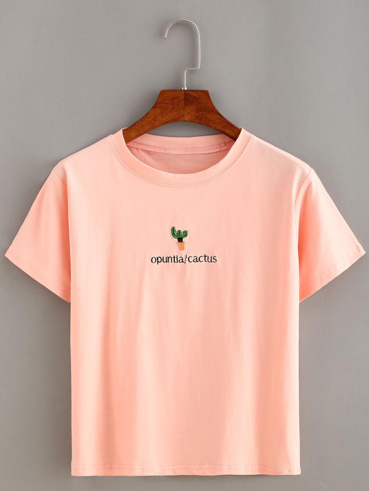Romwe Cactus Embroidered Short Sleeve T-shirt