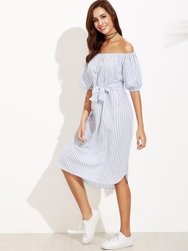 Romwe Blue Vertical Striped Off The Shoulder Self Tie Dress
