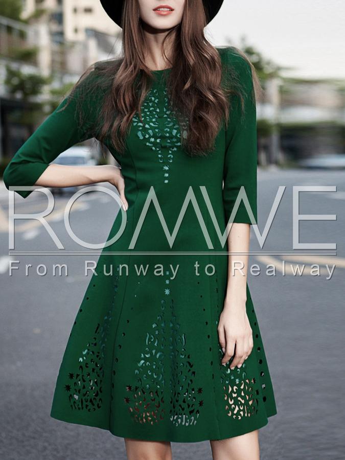 Romwe Dark Green A Line Hollow Dress