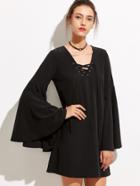 Romwe Black V Neck Lace Up Bell Sleeve Dress