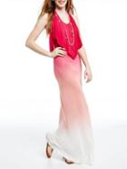 Romwe Hot Pink Ruffle Halter Ombre Maxi Dress