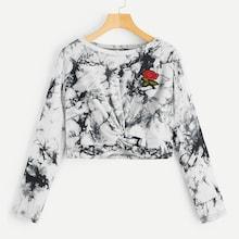 Romwe Tie Dye Twist Hem Floral Embroidery Crop Tee