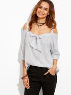 Romwe Vertical Striped Cold Shoulder Bow Tie Top