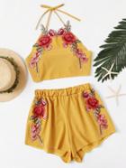 Romwe Rose Embroidery Applique Bow Tie Open Back Top With Shorts