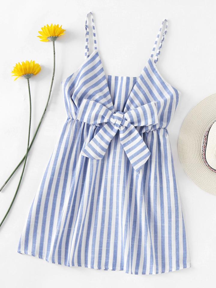 Romwe V Neckline Bow Front Striped Cami Dress