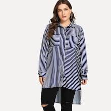 Romwe Plus High Low Striped Blouse