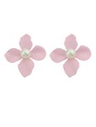 Romwe Pink Color Four Leaf Flower Pearl Earrings