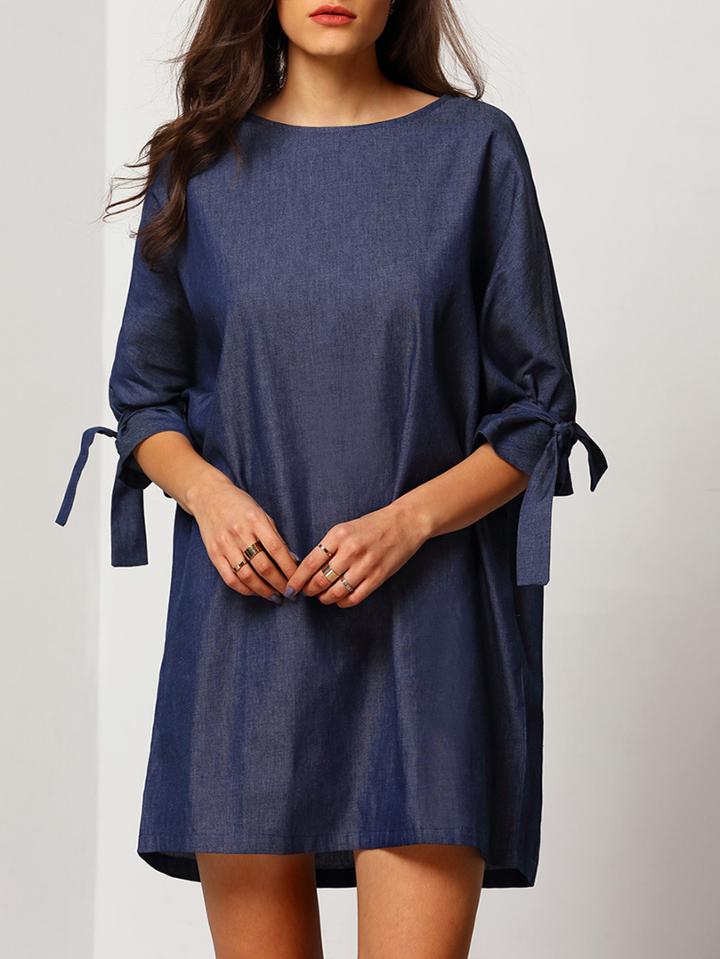 Romwe Blue Round Neck With Bow Dress