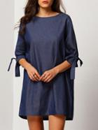 Romwe Blue Round Neck With Bow Dress