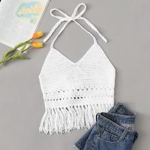 Romwe Crochet Sheer Fringe Hem Halter Top