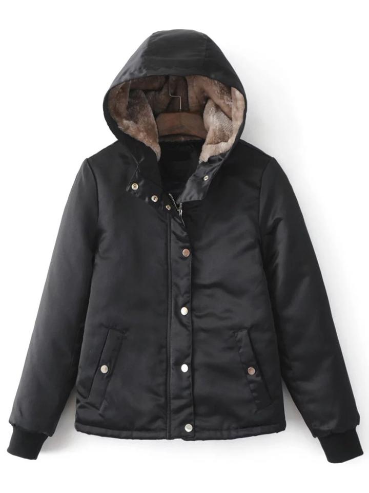 Romwe Black Hidden Zip Hooded Padded Jacket