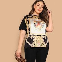 Romwe Plus Tiger Scarf Print Top