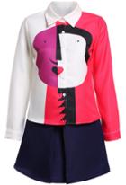Romwe Colour-block Smiley Print Top With Skirt