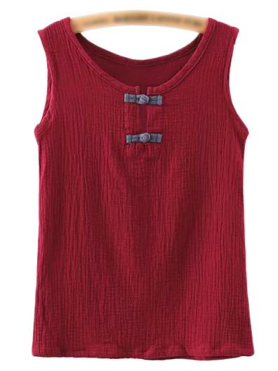 Romwe Burgundy Round Neck Frog Closure Tank Top