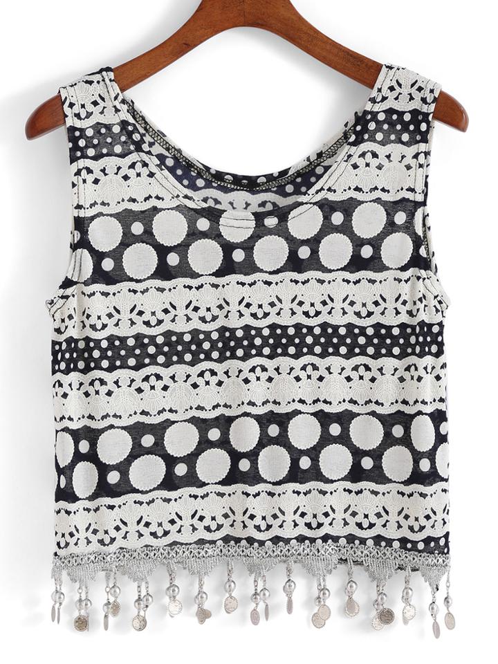 Romwe With Tassel Polka Dot Tank Top