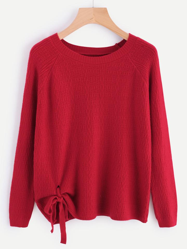 Romwe Raglan Sleeve Tie Detail Sweater