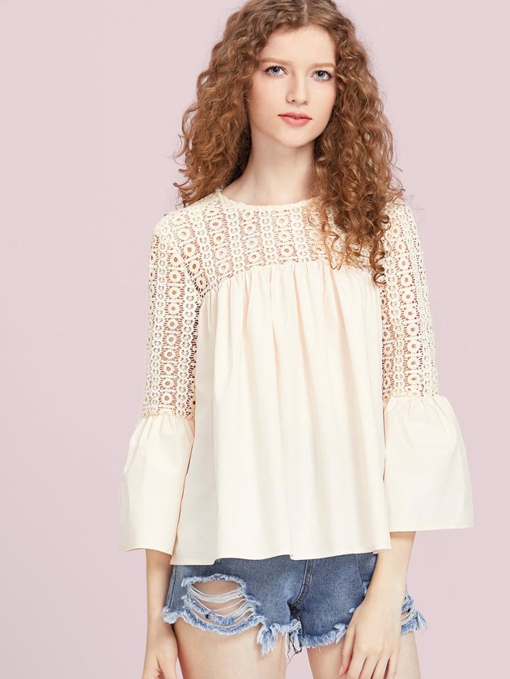 Romwe Eyelet Crochet Neck Keyhole Back Bell Cuff Smock Top