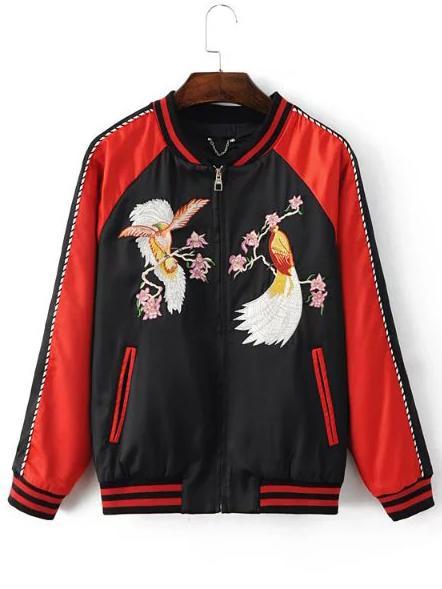 Romwe Black Crew Neck Bird Embroidery Pocket Jacket
