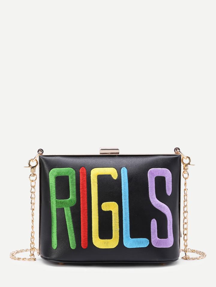 Romwe Letter Embroidery Pu Chain Bag