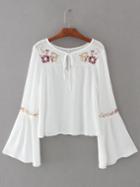Romwe White Flower Embroidery Tie Neck Bell Sleeve Blouse