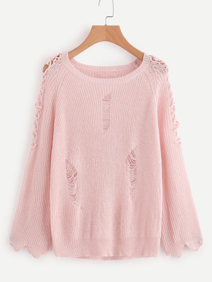 Romwe Criss Cross Sleeve Ripped Detail Sweater