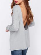 Romwe Long Sleeve Open Back Grey T-shirt