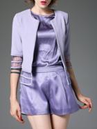 Romwe Purple Sheer Mesh Insert Blazer And Top With Shorts