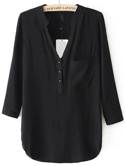 Romwe Black V Neck Pocket Shirt