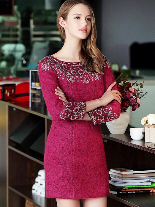 Romwe Win Red Round Neck Long Sleeve Beading Dress