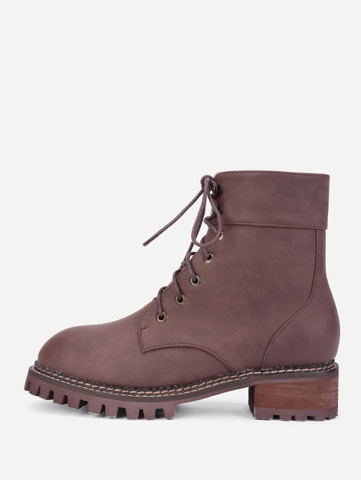Romwe Lace Up Round Toe Ankle Boots