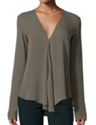 Romwe Army Green V Neck Long Sleeve Loose Blouse