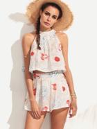 Romwe Halter Florals Top With Zipper Shorts