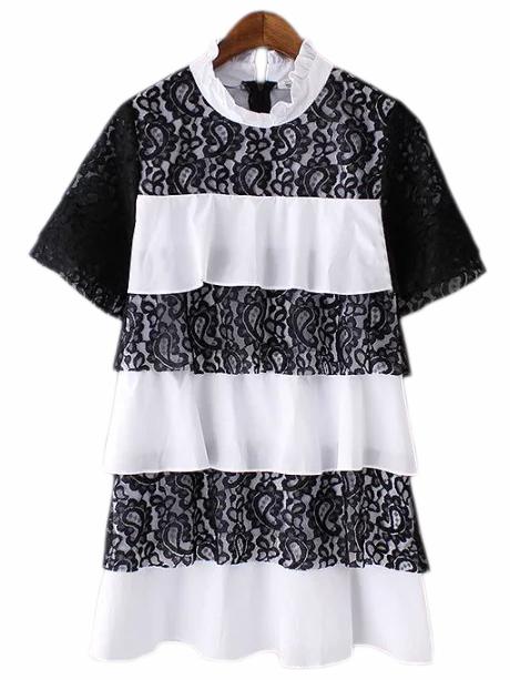 Romwe Black White Ruffle Neck Lace Cake Dress