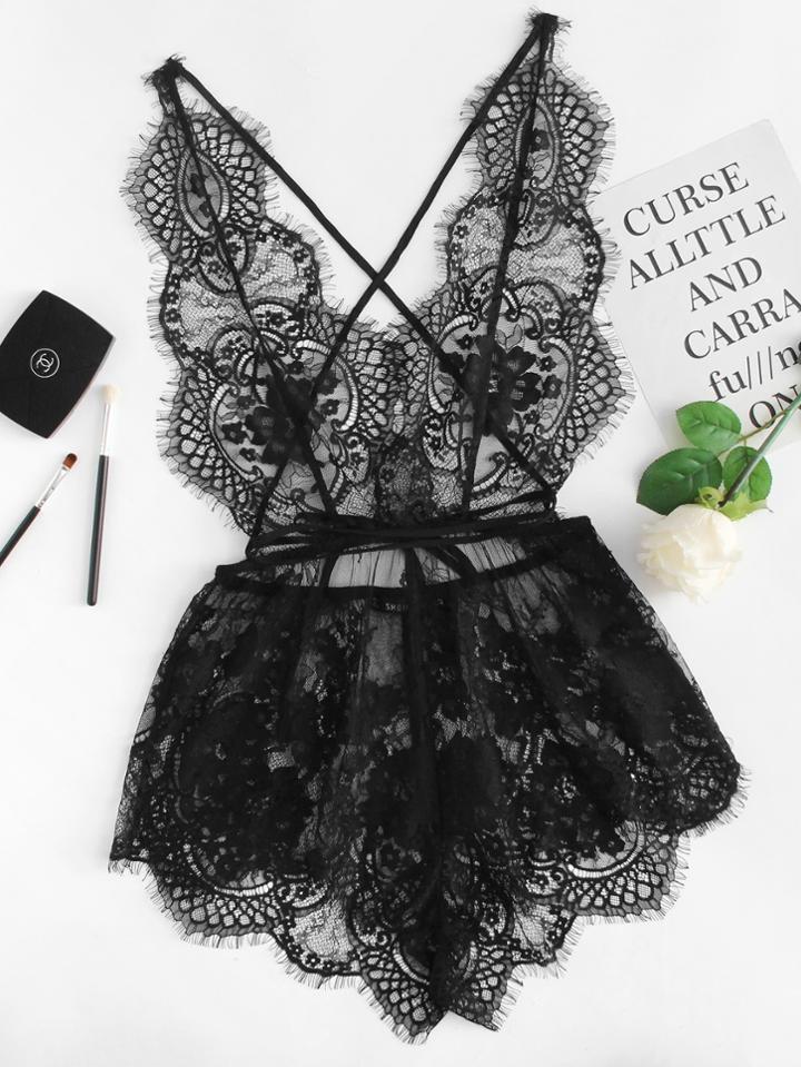 Romwe Eyelash Lace Deep V Neck Sleep Romper