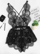 Romwe Eyelash Lace Deep V Neck Sleep Romper