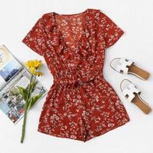 Romwe Tie Waist Ruffle Trim Floral Romper