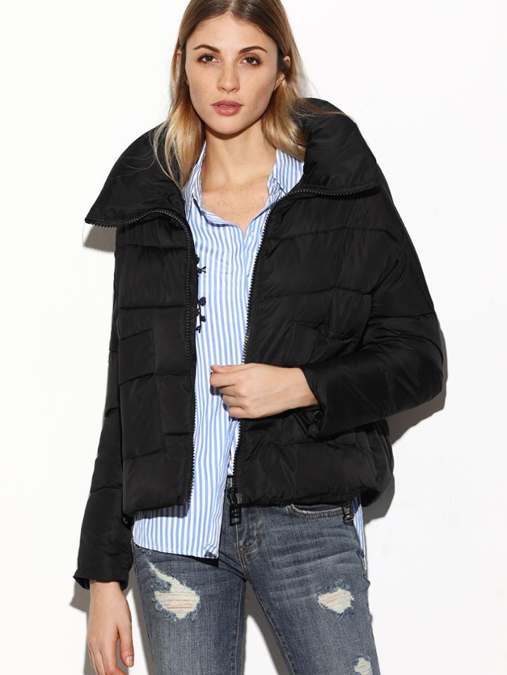 Romwe Black Zipper Pockets Padded Coat