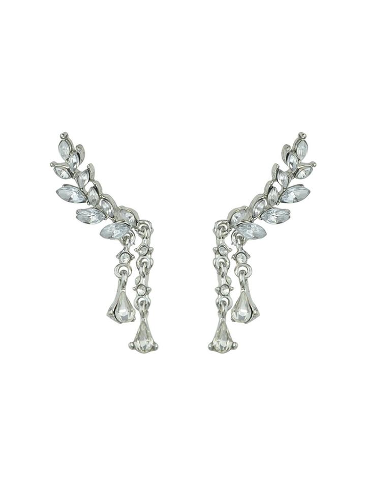 Romwe Silver Color Leaf Pattern With Rhinestone Dangle Earrings