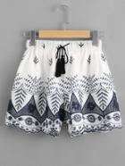 Romwe Embroidered Tassel Tie Shorts