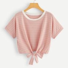 Romwe Striped Knot Hem Tee