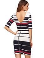 Romwe Pink Striped Half Sleeve Zipper Design Bodycon Dress