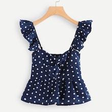 Romwe Twist Front Frill Trim Polka Dot Top