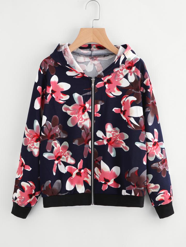 Romwe Hooded Floral Print Random Zip Up Jacket