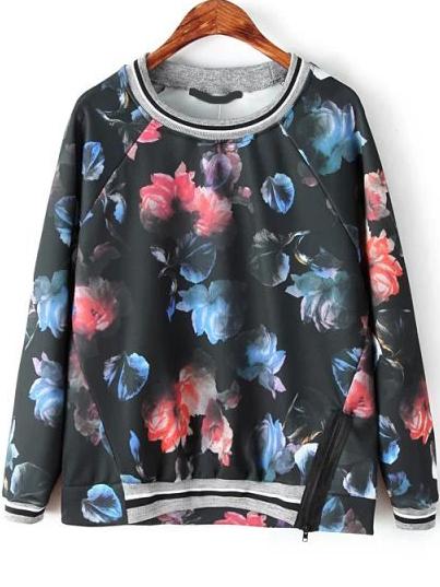 Romwe Striped Trim Florals Zipper Sweatshirt
