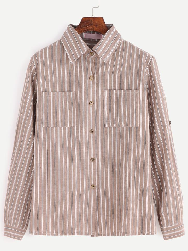 Romwe Vertical Striped Pockets Button Shirt