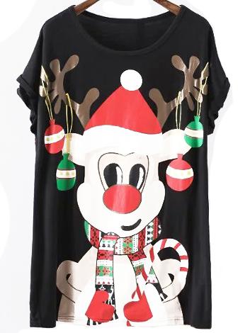 Romwe Deer Print Cuffed Black T-shirt