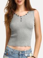 Romwe Grey Ribbed Buttons Tank Top