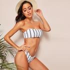 Romwe Striped Bandeau With High Cut Bikini Set