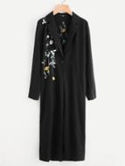 Romwe Botanical Embroidery Self Belted Duster Coat