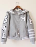 Romwe Lapel Letter Patch Flocked Striped Buttons Grey Jacket